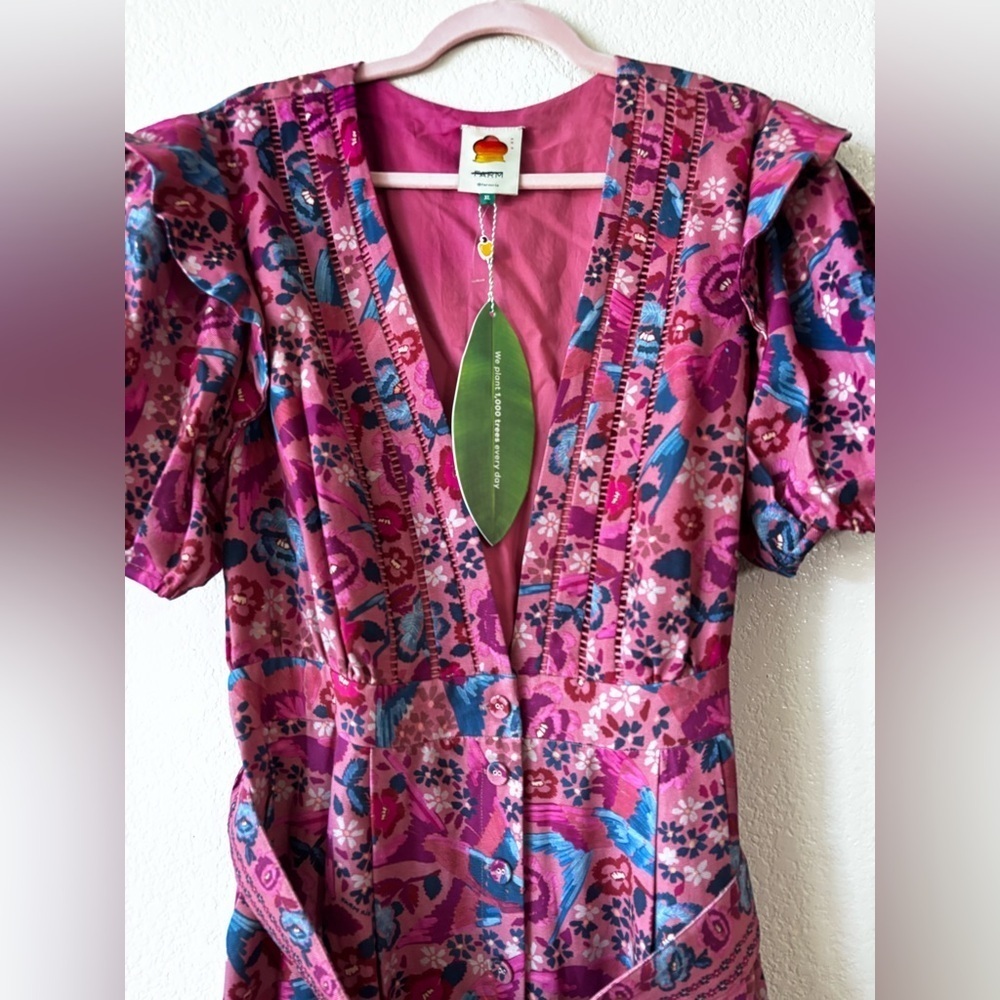 FARM Rio Floral Birds Blush Jumpsuit with Puff Sleeves Size: XL - Picture 5 of 16
